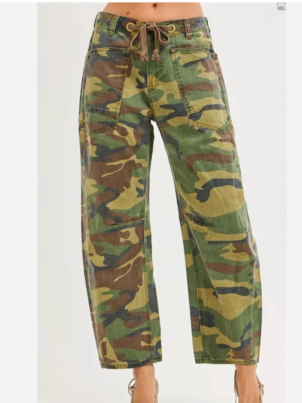 Risen Camo Crop Length Barrel Jeans Adjustable Waist Band size 5/27